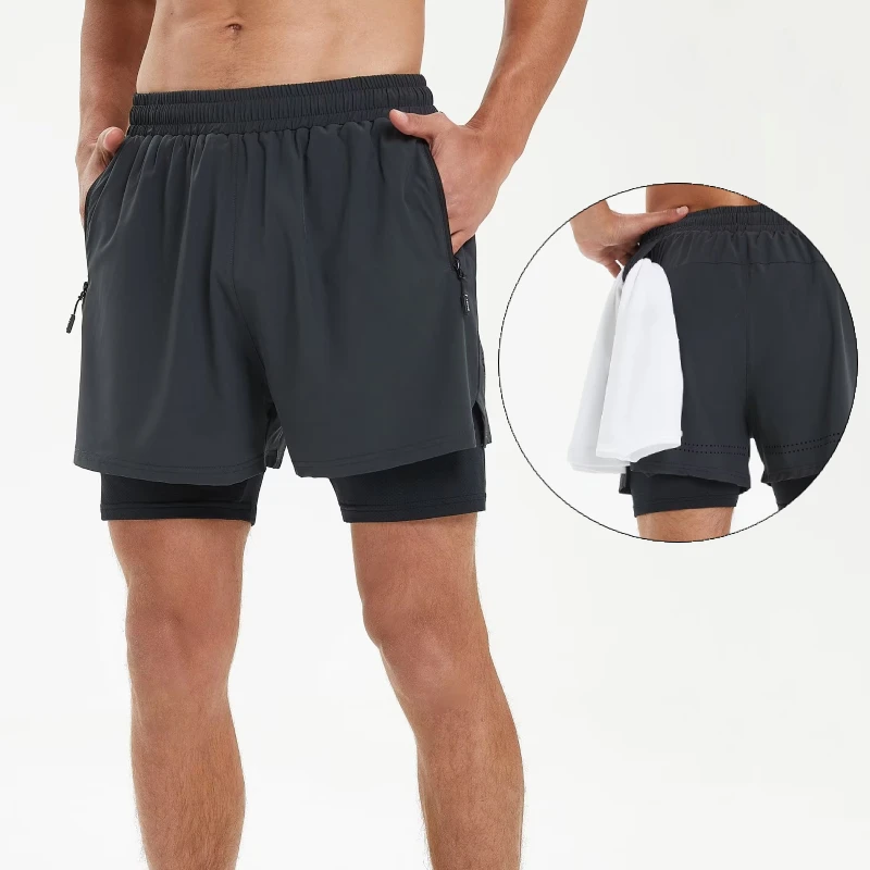 Двухслойные спортивные шорты для мужчин 2 в 1 с боковыми карманами Для тренировок и бега трусцой, легкие Трехточечные брюки