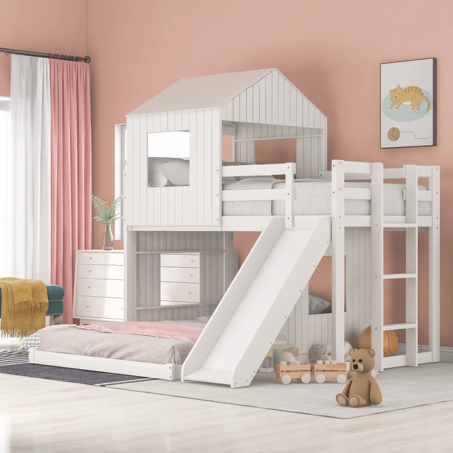 Деревянная Двухъярусная кровать с двумя односпальными кроватями, Кровать-Чердак с Игровым домиком, Фермерский дом, Лестница, Горка и Ограждения