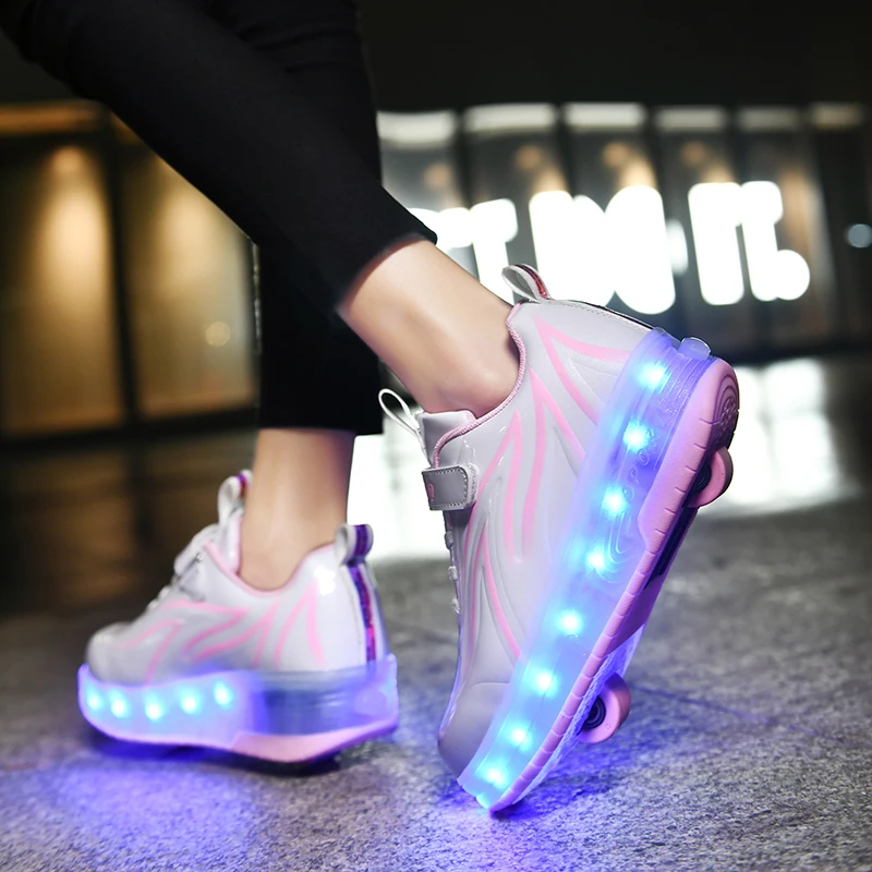 Детские кроссовки со светодиодной подсветкой на колесиках для мальчиков и девочек, обувь на роликах с USB подсветкой на двойных колесах, обувь для катания на коньках для мальчиков и девочек