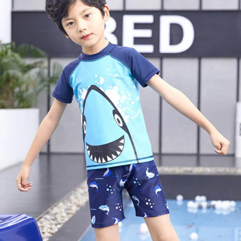 Детские Купальники Shark Boys Swimwear 3шт Купальник (Футболка + Кофта + Кепка) Солнцезащитный Крем С коротким рукавом Quick Dry Boy Set