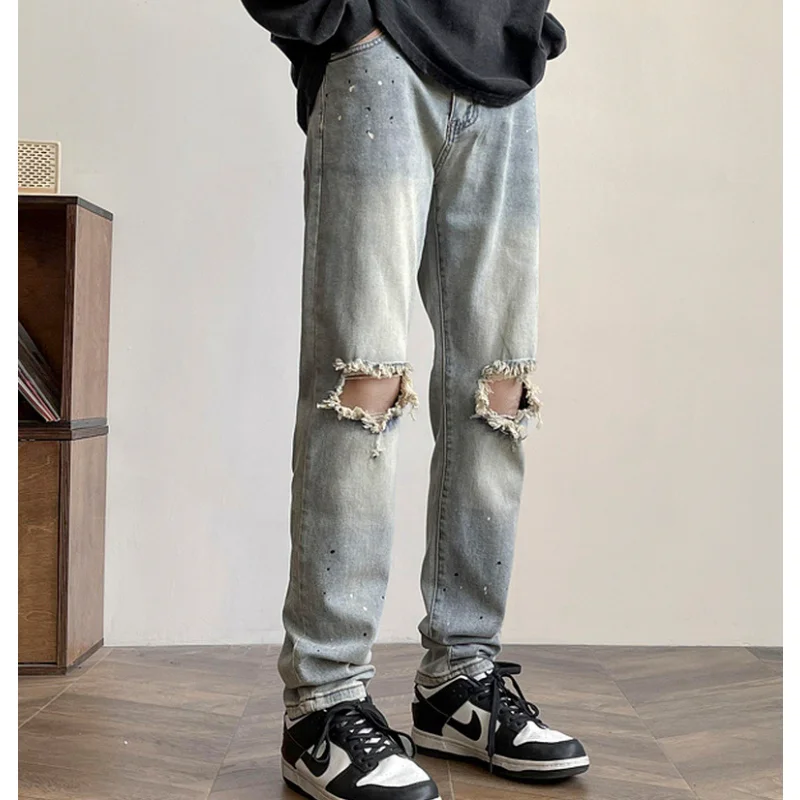 Джинсовые брюки в стиле хип-хоп, Рваные, с дырками, Мешковатые прямые джинсы, граффити в стиле Харадзюку, повседневные джинсовые брюки уличной одежды