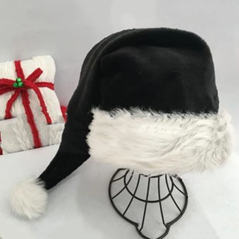 Длинная Рождественская шляпа из черного плюша, высококачественная однотонная рождественская шапка Санта Клауса с помпоном
