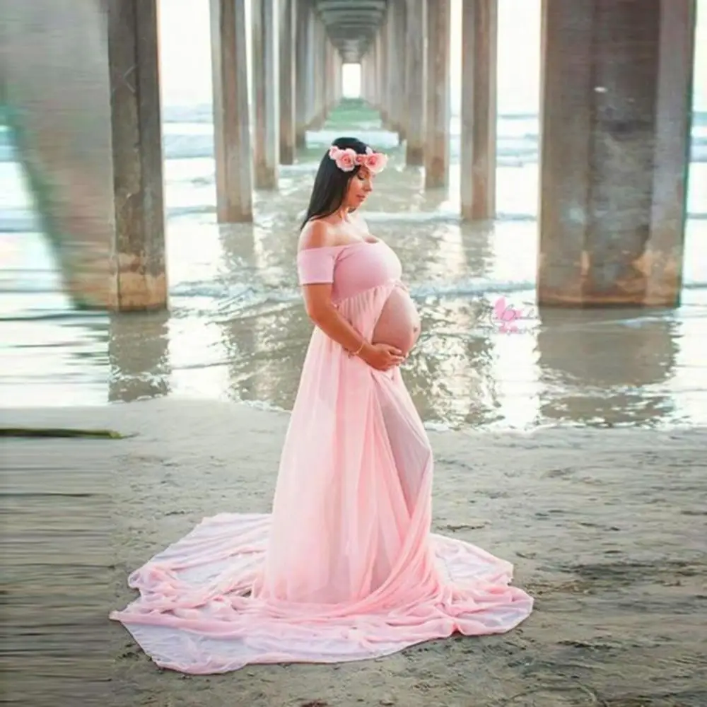 Длинное платье для беременных, Шифоновое Лоскутное платье с открытыми плечами, сплошной цвет, разрез спереди, Платье длиной до пола.