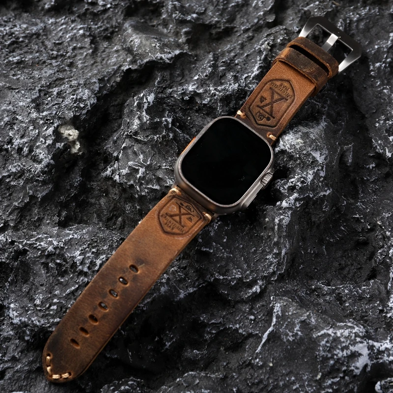 Для Iwatch Кожаный ремешок Apple Watch 8ultra7/Утолщенный 49 мм/45 мм/ Кофейно-черный мужской кожаный ремешок в винтажном стиле
