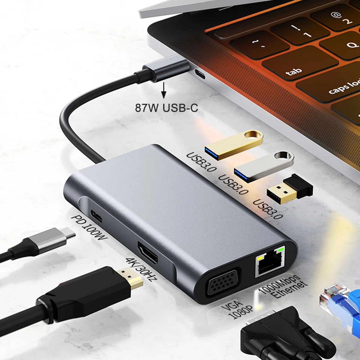 Док-станция 7 в 1 USB C Док-станция с Ethernet 1000 Мбит/с, HDMI 4K, 100 Вт PD, 1080P VGA, 3 USB 3.0 Ключ USB C Концентратор для HP Dell