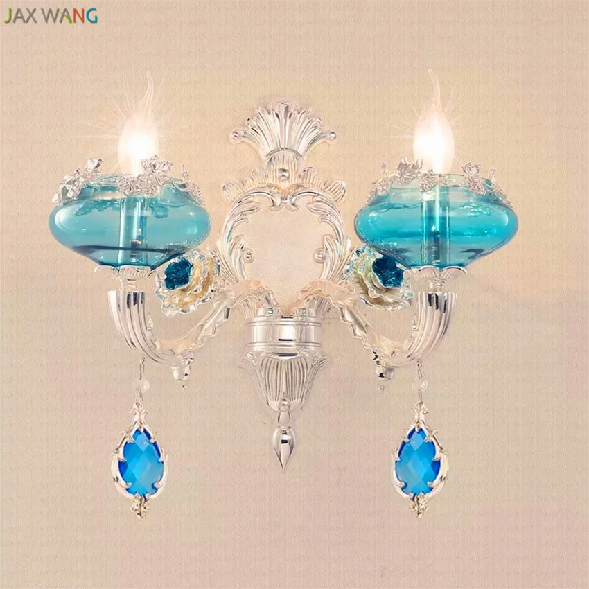 Европейский прикроватный настенный светильник royal style Crystal Wall с одной головкой и двумя головками французского синего цвета роскошный настенный светильник royal princess room