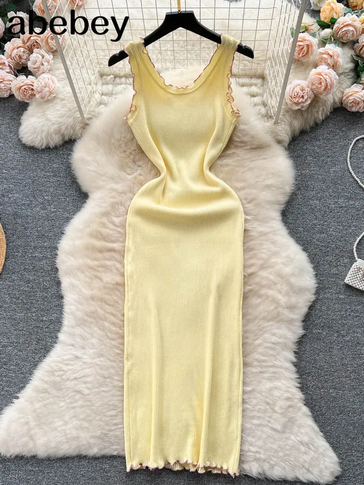 Желтое Летнее Трикотажное Сексуальное платье на бретелях, женское облегающее платье на бретелях с высокой талией, Женское пляжное длинное платье с открытой спиной