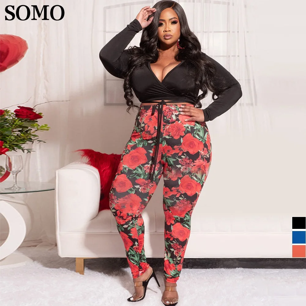 Женская одежда SOMO Elastic больших размеров, комплект из двух предметов, обтягивающий укороченный топ с V-образным вырезом и длинные брюки с принтом, оптовая продажа, прямая поставка