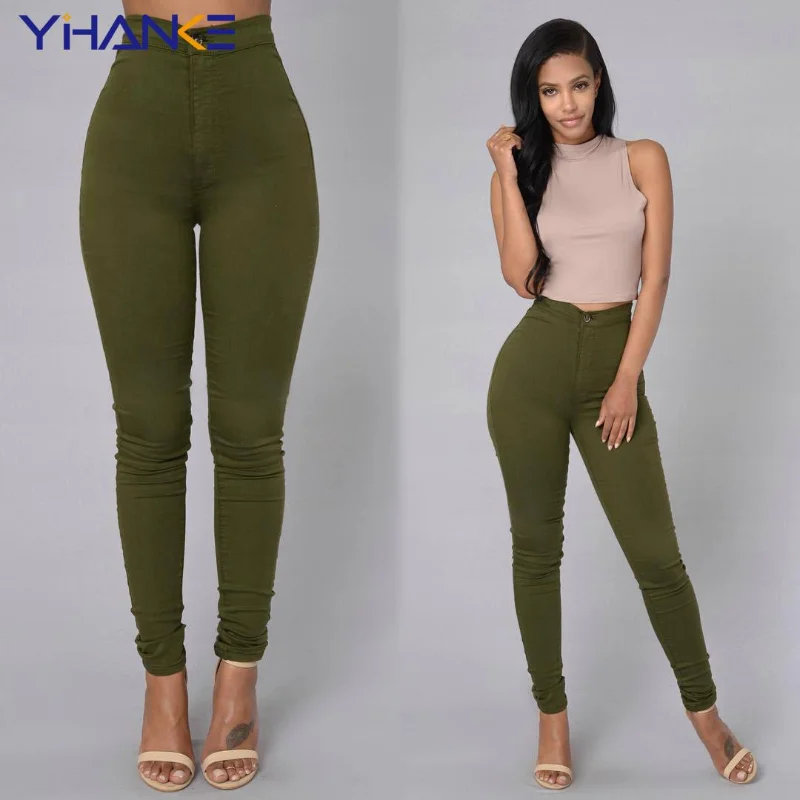Женские джинсы с высокой талией, эластичные брюки-карандаш ярких цветов, узкие леггинсы, зеленые джинсовые брюки
