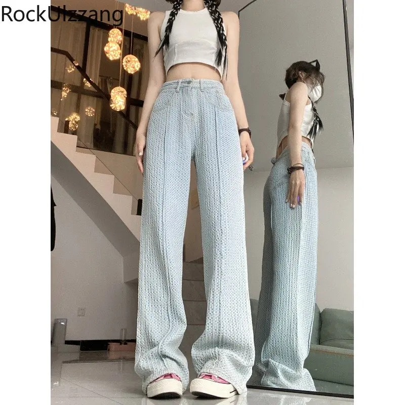 Женские джинсы с карманом для джинсовых брюк с высокой талией, модные повседневные Длинные брючные панталоны y2k, одежда в корейском стиле, большие размеры, винтажная однотонная клетка.