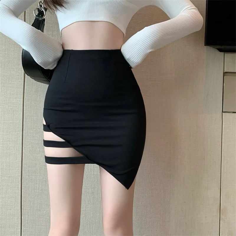 Женские Новые сексуальные мини-юбки для ночного клуба, женская повседневная асимметричная открытая Черная юбка, Корейская модная одежда для девочек