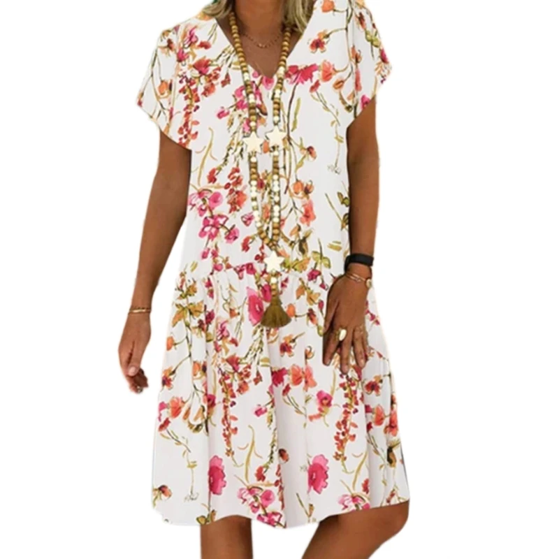 Женское летнее длинное платье Миди с коротким рукавом и V-образным вырезом в богемном стиле с цветочным принтом, повседневный свободный кафтан с рюшами и расклешенным подолом, пляжный сарафан