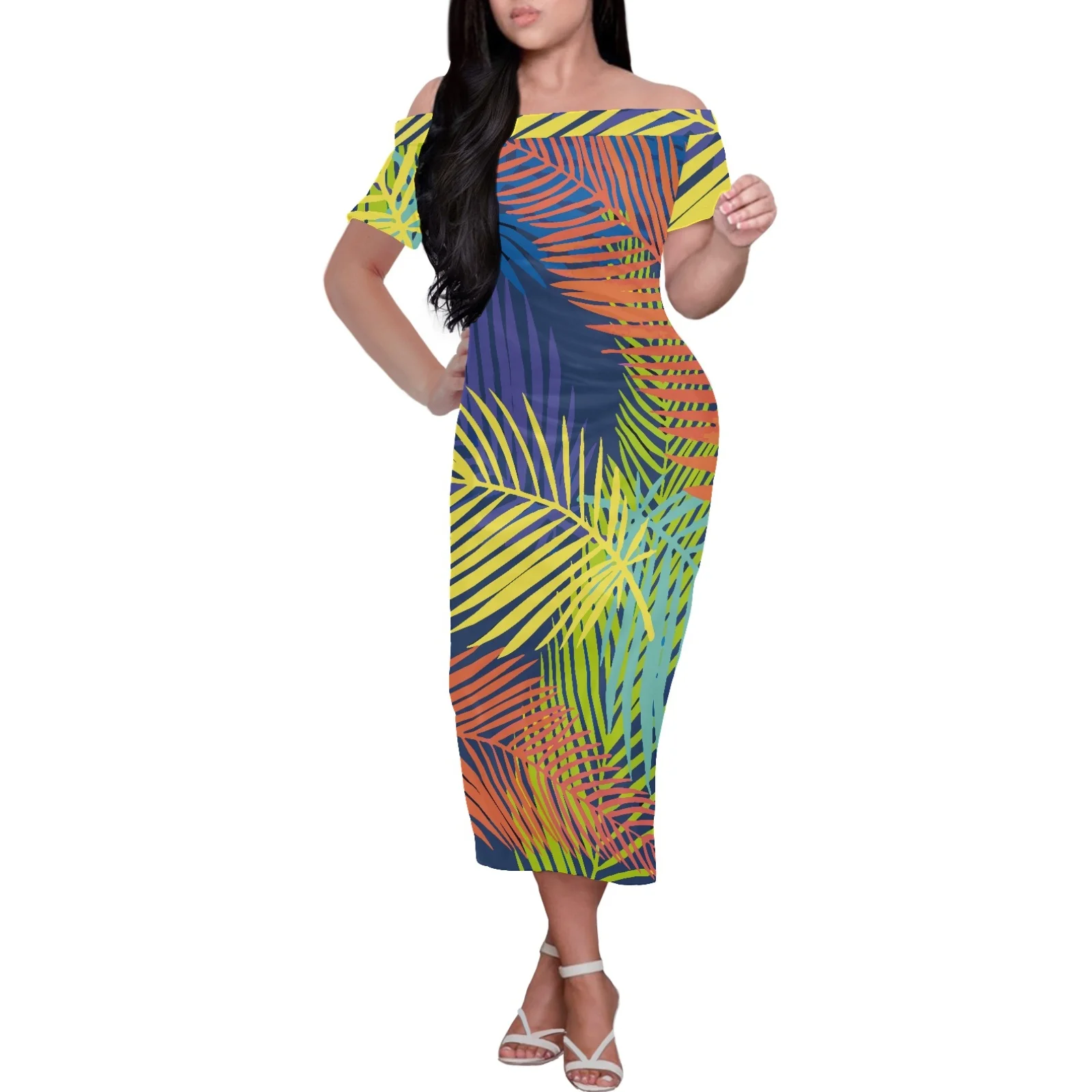 Женское летнее платье на Гавайях, горячая распродажа, 2023, сексуальное вечернее платье с открытыми плечами с полинезийским принтом, популярное платье с короткими рукавами