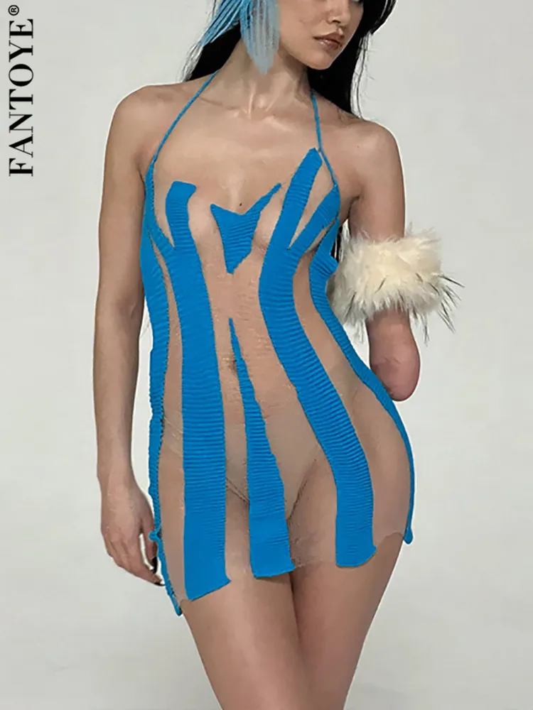 Женское платье из прозрачной сетки в стиле пэчворк Fantoye, голубые мини-платья на шнуровке с открытой спиной, женская летняя обтягивающая клубная одежда для вечеринок Spicy Girl