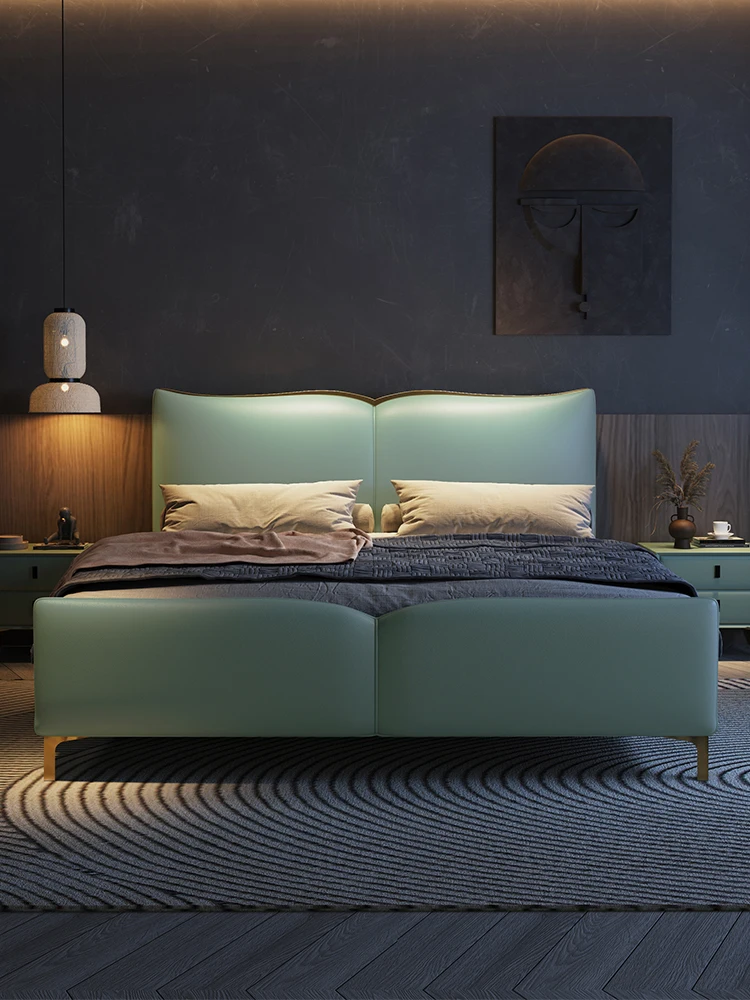 Итальянская минималистичная кожаная кровать, современная минималистичная спальня, двуспальная кровать, главная спальня, роскошная мягкая кровать в скандинавском стиле