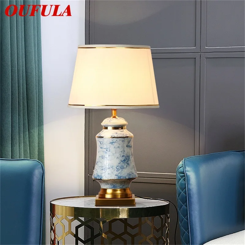 Керамические настольные лампы OUFULA, настольная лампа из синей латуни, современная роскошная ткань, декоративная для дома, гостиной, столовой, спальни