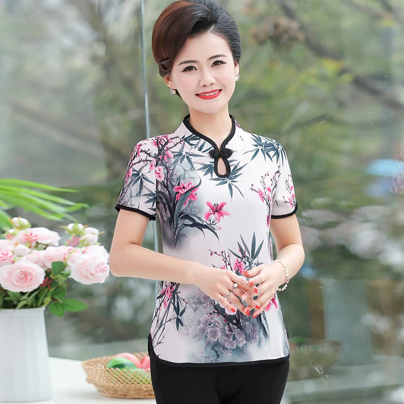 Китайская женская блузка в стиле ретро, традиционная винтажная рубашка с косой, Летние атласные женские топы в восточном стиле, воротник-стойка, Чонсам