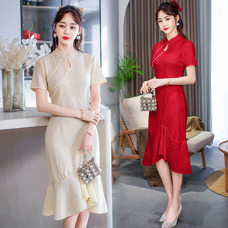 Китайское традиционное Улучшенное летнее платье Чонсам с коротким рукавом в стиле ретро, тонкое Современное кружевное платье Ципао для женской одежды CNY