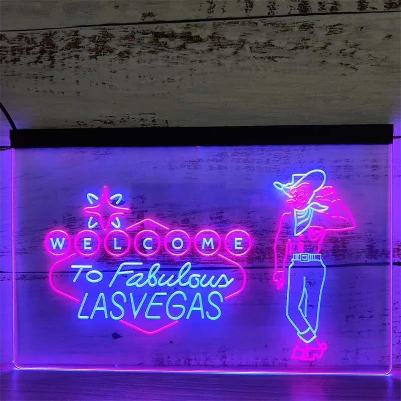 Ковбой Добро Пожаловать в пивной бар Лас-Вегаса Дисплей паба Двухцветная светодиодная неоновая вывеска