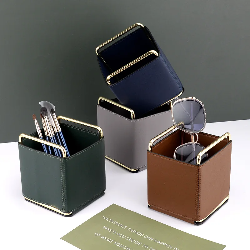 Кожаный держатель для ручек в европейском стиле, Настольный Кожаный ящик для хранения, Съемный ящик для хранения кисточек для макияжа
