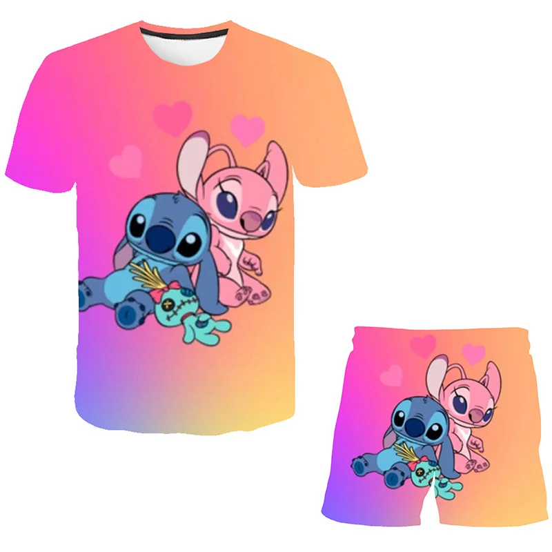Комплекты одежды с принтом Disney Stitch 2023 года, летняя футболка с коротким рукавом + повседневные шорты, 2 предмета для детей, комплект одежды, наряды