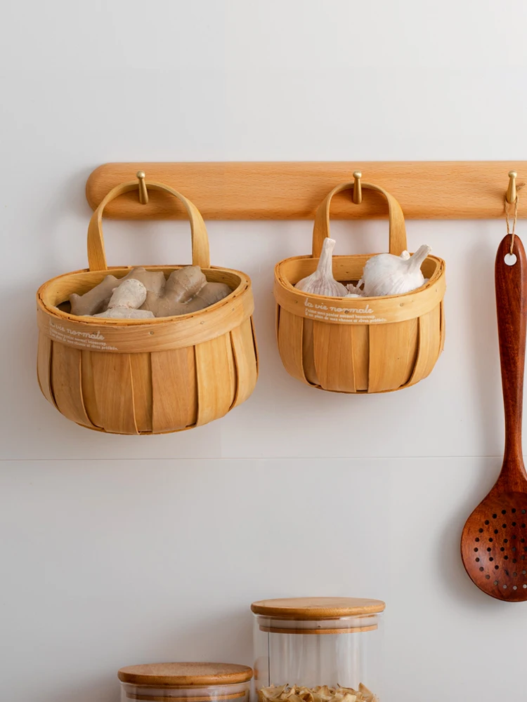 Кухонные корзины для хранения имбиря, чеснока, перца, японских ингредиентов, декор для маленькой корзинки, деревянная плетеная коробка, подвешенная на стену