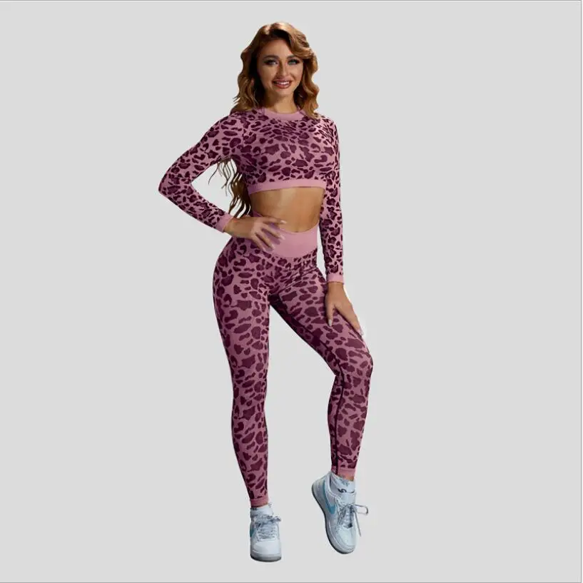 Леопардовый комплект из 2 предметов, женские костюмы для йоги с длинным рукавом + брюки с высокой талией, быстросохнущий тренировочный спортивный ансамбль Femme