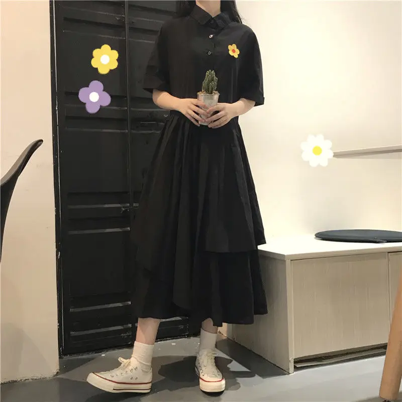 Летнее платье Mori Girl, однобортное платье-рубашка с воротником ПОЛО, Асимметричное Драпированное Длинное платье, Студенческое Черно-белое платье Harajuku