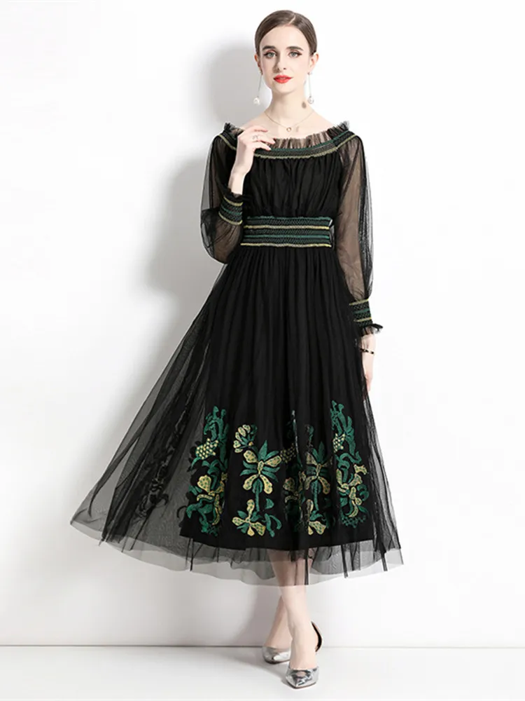 Летнее подиумное сетчатое платье с цветочной вышивкой, женское платье с открытыми плечами, шея с эластичной резинкой на талии, черные распашные тюли, Длинные плиссированные платья