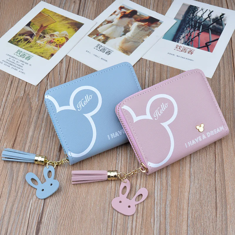 Маленький кошелек Disney Mickey mouse, женский короткий кошелек для ключей с кисточками на молнии, студенческий маленький мини-кошелек, держатель для карт Minnie, Клатч