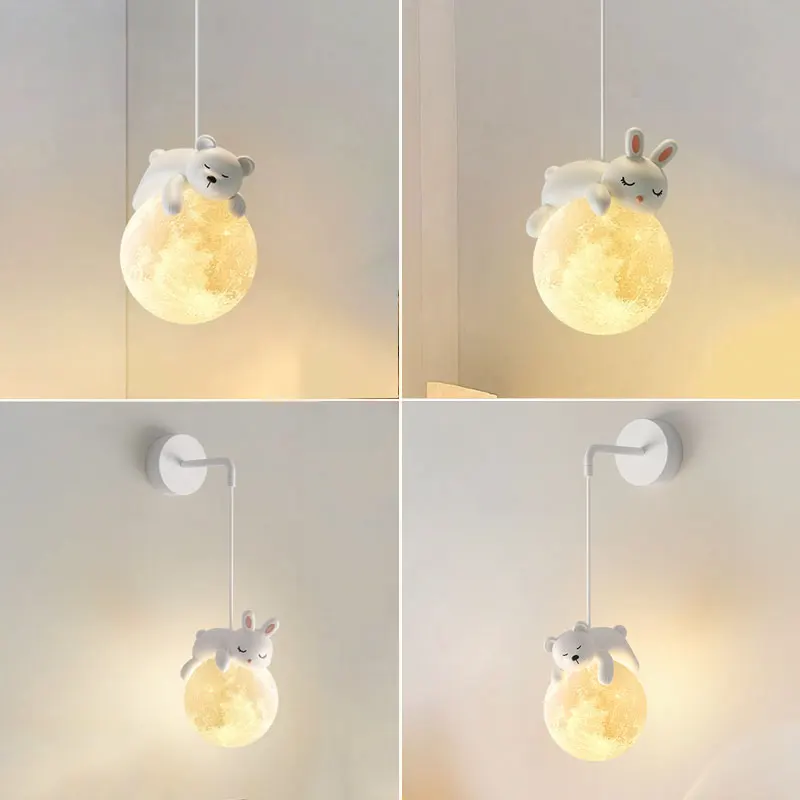 Медведь Лампа Прикроватные Подвесные Светильники для Детской Комнаты с 3D Печатью Лунный Абажур Белый Кролик Ночник Животное Подвесная Лампа G9