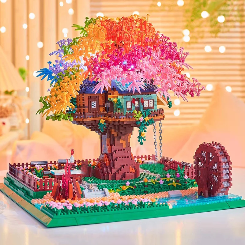 Мировая архитектура Радужный дом на дереве Сад Река Водяное колесо Легкая 3D модель DIY Алмазные блоки Кирпичи Строительная игрушка для детей