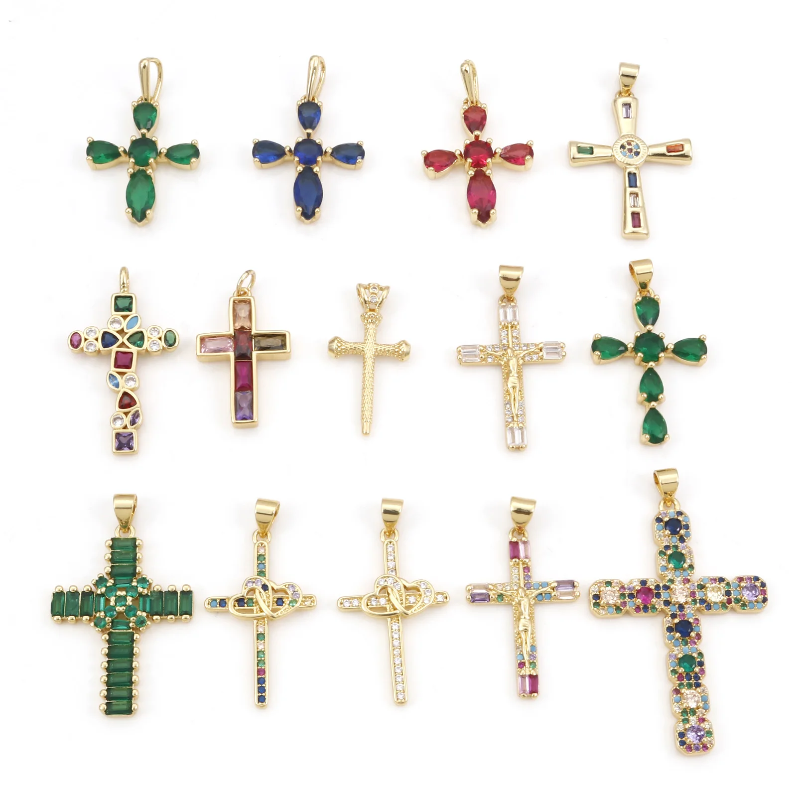 Модные медные религиозные подвески с крестом золотого цвета, микропавление, Разноцветные подвески из кубического циркония, Ожерелье для самостоятельного изготовления ювелирных изделий