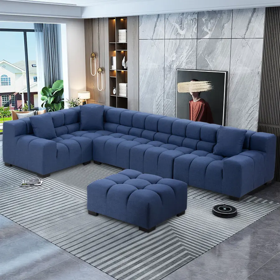 Модульный диван для сидения Диван L-образный секционный диван с оттоманкой СИНЕГО цвета