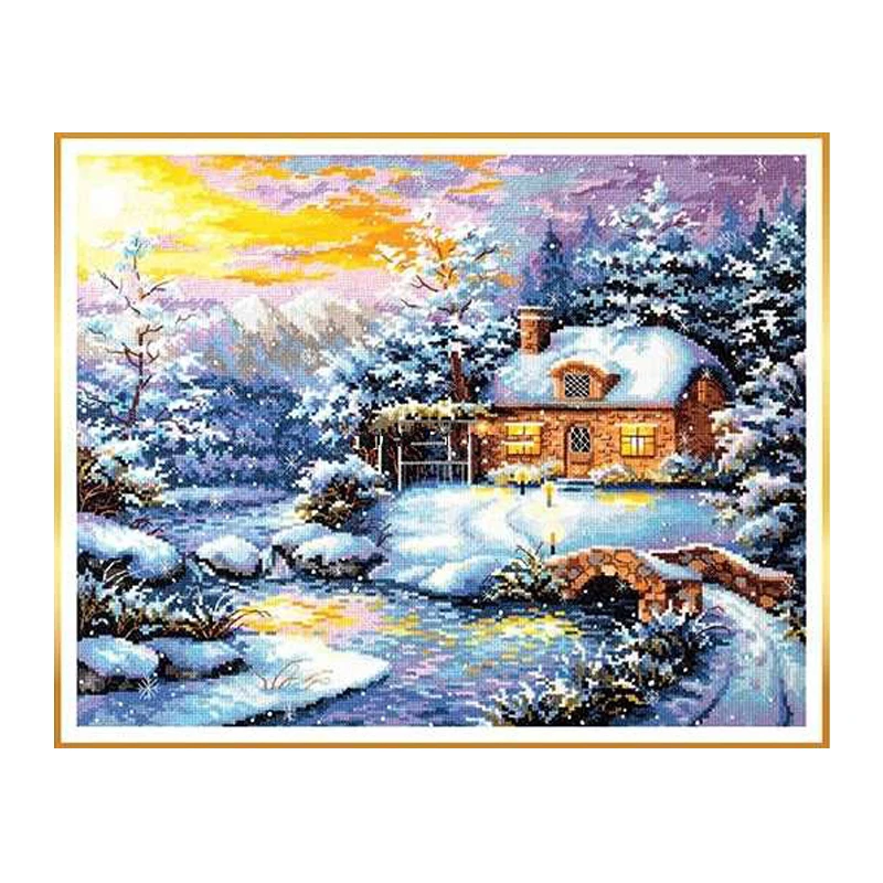 Набор для вышивания крестиком Amishop Зимняя Сказочная Лесная Хижина Вечерний Пейзаж Снежная сцена Пейзаж ChIgla 45-08 OK