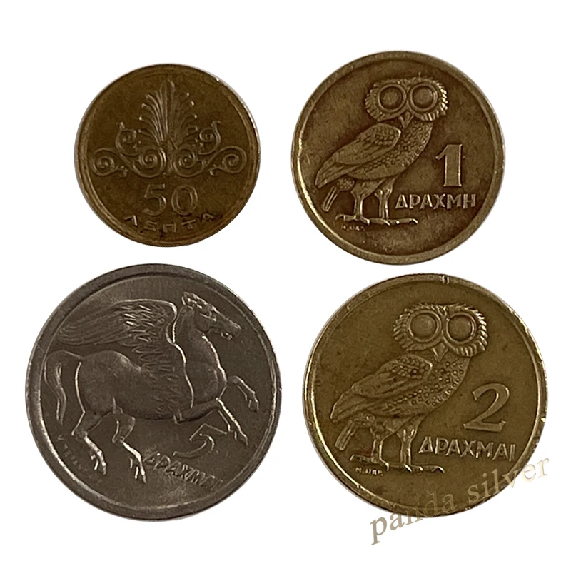 Набор монет из Греции 4 шт., 50 Лепта-5 драхм, 1973 г., состояние F, Использованная монета для коллекции