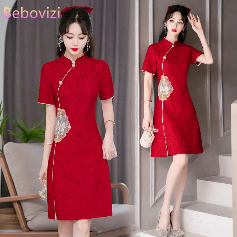 Новая винтажная модифицированная Традиционная китайская одежда Чонсам для женщин, платье Ципао с коротким рукавом