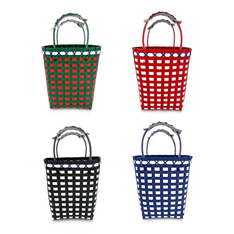 Новая плетеная корзина для пикника ручной работы в японском стиле, Пластиковая плетеная корзина для овощей, ручная пляжная сумка, многоцветная клетчатая корзина