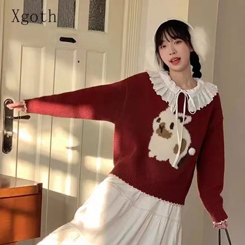 Новогодний красный свитер с кроликом, женский Милый Элегантный пуловер, японский Гранж, Винтажный Мягкий восковой топ, толстые шикарные вязаные джемперы