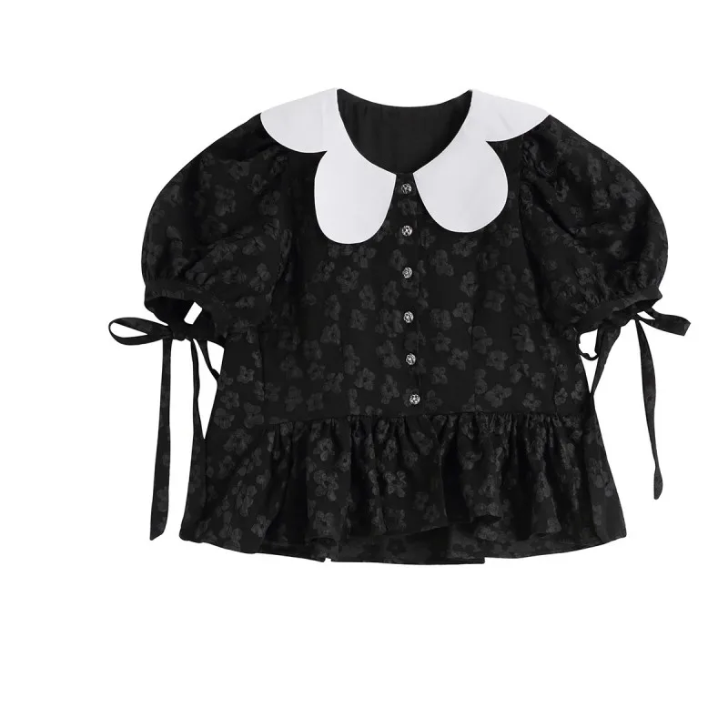 Новые летние женские модные однобортные блузки в стиле пэчворк, винтажные рубашки с короткими пышными рукавами и воротником 
