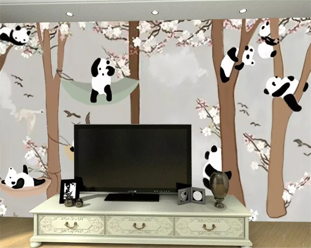 обои на заказ beibehang 3D фоновая картинка с мультяшной пандой, расписанная вручную, обои для детской комнаты, декоративная роспись, 3d фреска
