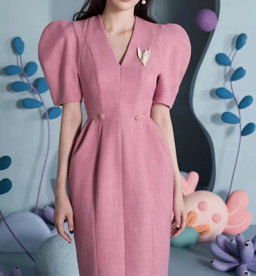 Осеннее платье средней длины Ol с V-образным вырезом и регулируемой талией, приталенное розовое платье с разрезом сзади, длинное платье