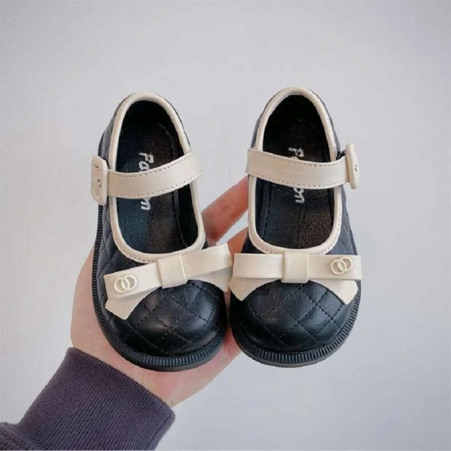 Осень 2023, Новая детская обувь, милые туфли принцессы для маленьких девочек с бантом, Корейская модная кожаная обувь для девочек, Размер 26-37