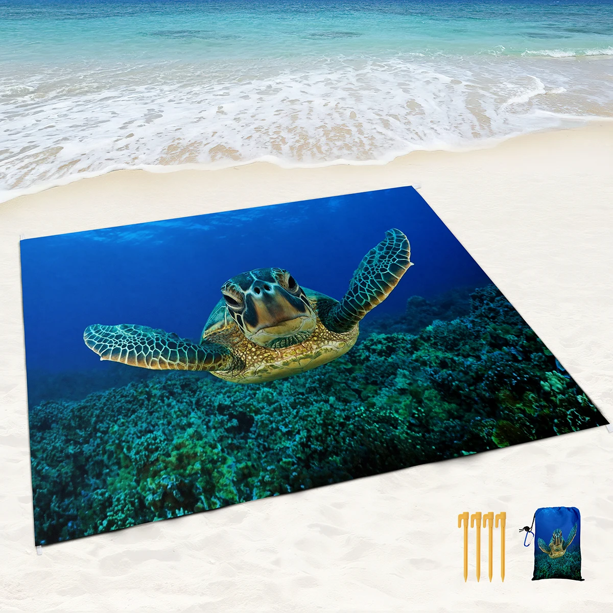 Пляжное одеяло с морской черепахой, Пескостойкий коврик без песка с угловыми карманами и сетчатой сумкой для улицы, пикника, путешествий, пляжа