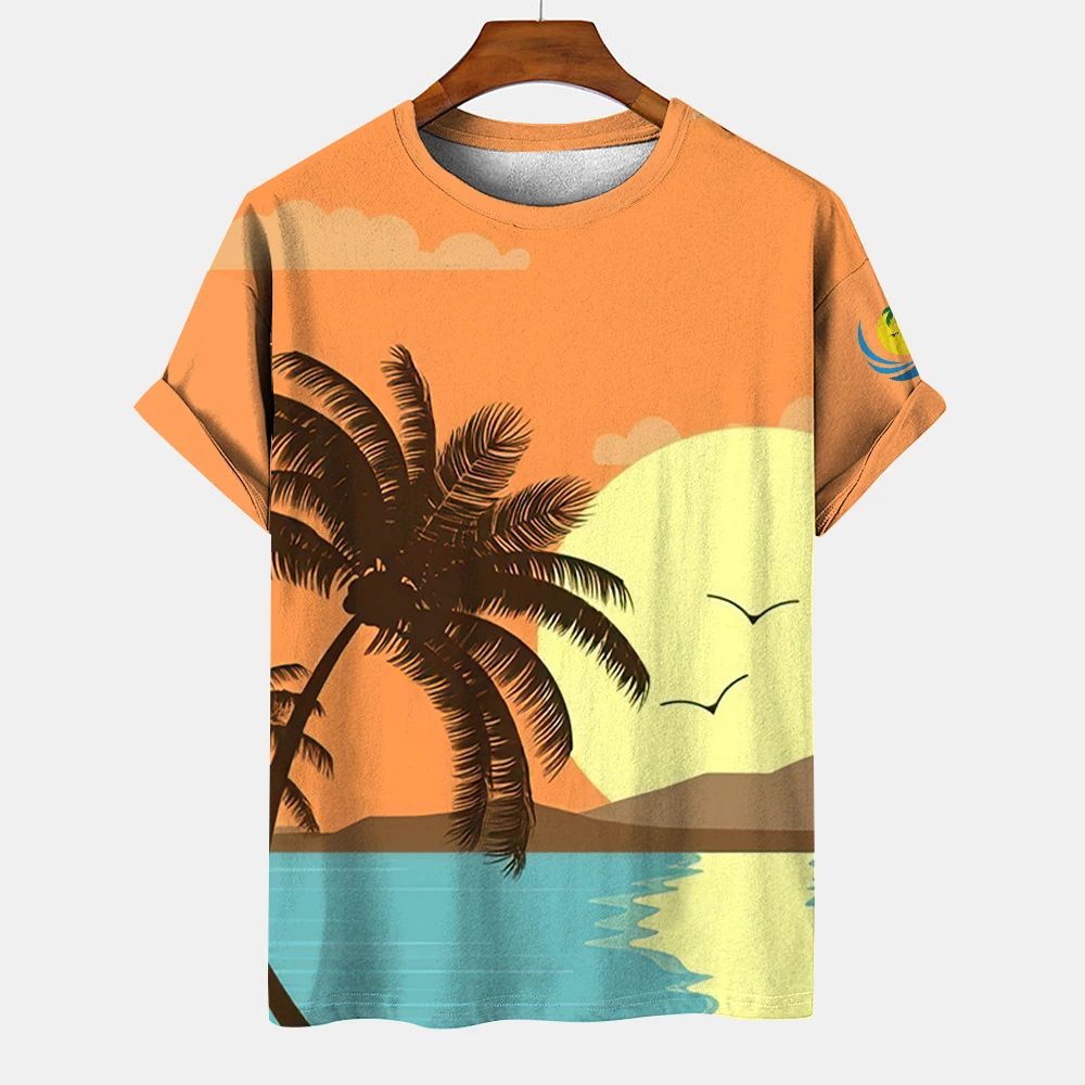 Пляжный закат в гавайском стиле, 3D принт, Летняя мужская футболка с круглым вырезом, Повседневный пуловер Оверсайз с коротким рукавом, модная мужская одежда