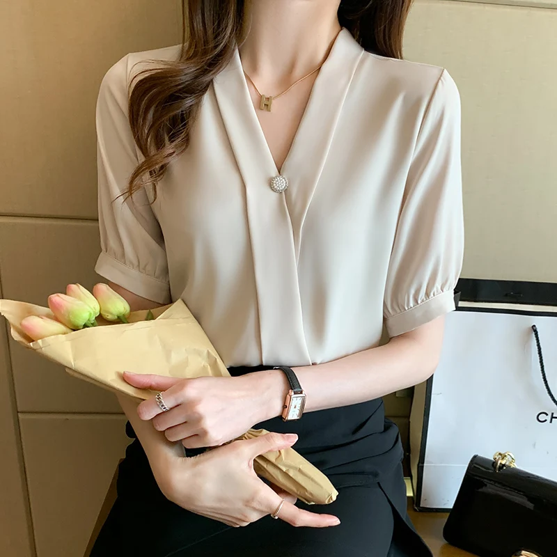 Повседневная шифоновая блузка с коротким рукавом, Элегантная Офисная женская свободная рубашка с V-образным вырезом, винтажные женские топы Оверсайз, Летние