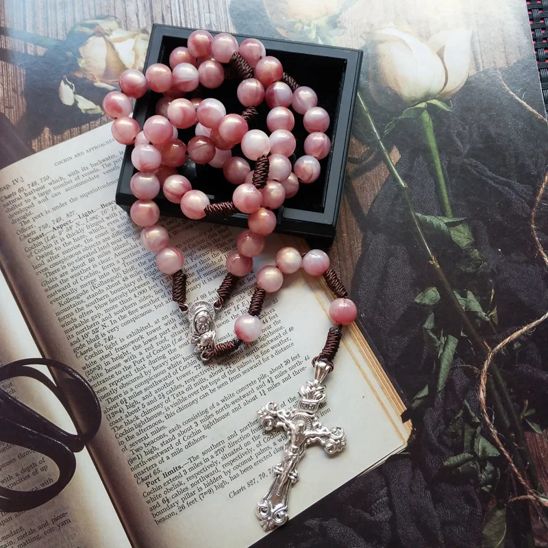 Розовые Четки Цепочка Ожерелье с четками Распятие Крест Богоматерь Медаль Девы Марии Венок Y-Образное ожерелье Подарки для подтверждения ювелирных изделий
