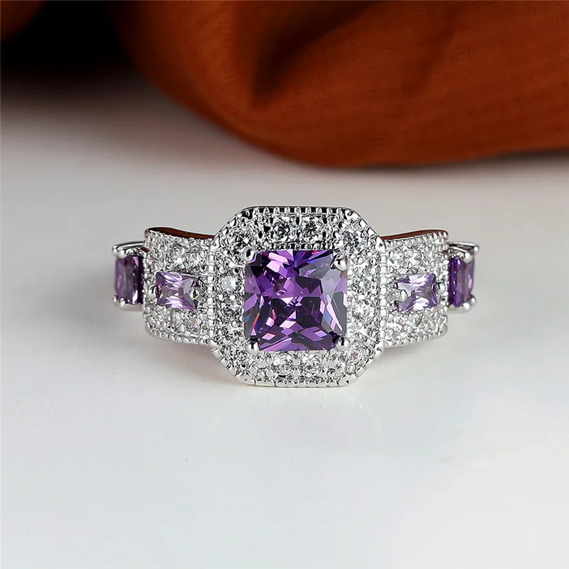 Роскошное женское кольцо с фиолетово-белым кристаллом, Классическое обручальное кольцо серебряного цвета, минималистичные металлические обручальные кольца для женщин