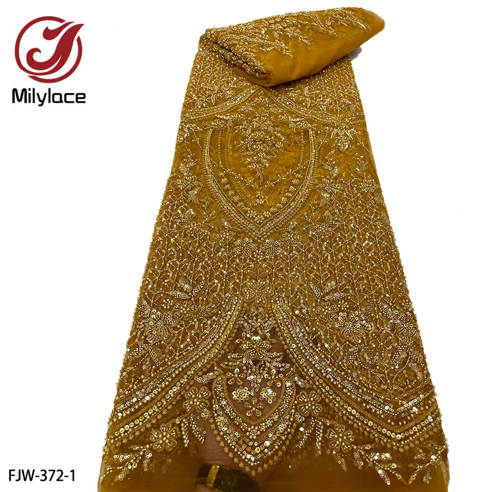 Роскошные кружевные ткани с пайетками, новейшая вышивка бисером, французский тюль, сетчатая кружевная ткань для свадебного платья FJW-372