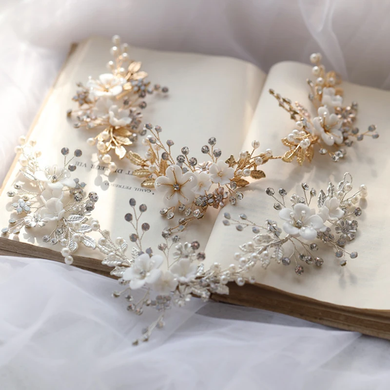 Свадебная повязка на голову, Тиара, Керамический цветок, Аксессуары для волос ручной работы, Женская корона золотисто-серебристого цвета